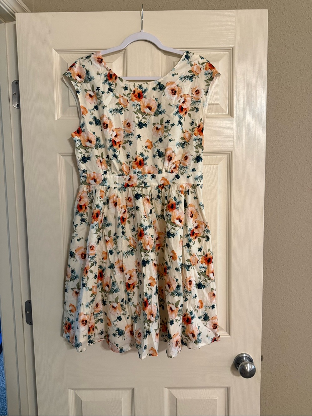 Floral Fit-and-Flare Mini Dress in Cream with Orange and Green Print